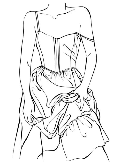 【绘画素材】画一组荷叶边连衣裙褶皱线稿_素材_连衣裙_荷叶边_线稿