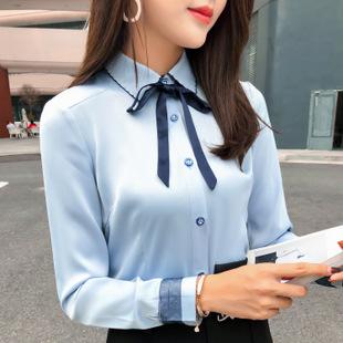 蓝色衬衫女长袖2018秋装新款休闲领带白衬衣打底时尚气质女装上衣