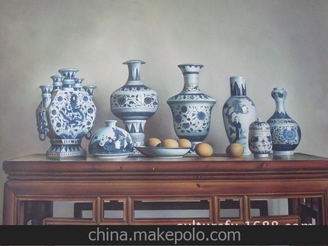 批发纯手绘写实静物青花瓷油画图片