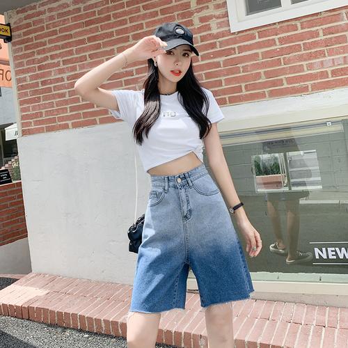 五分牛仔短裤女高腰显瘦夏季薄款渐变色宽松阔腿设计感小众女中裤