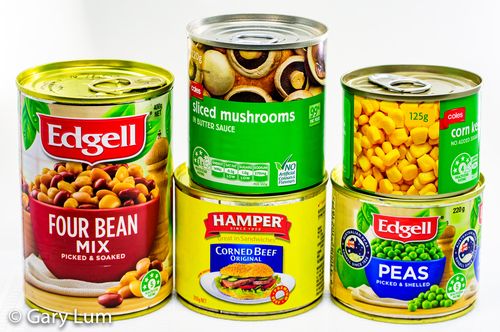 meal: curry tinned corned beef, beans, peas, corn, and mushrooms