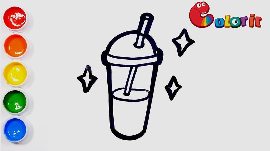 3奶茶简笔画教程:首先画出一个扁椭圆形,然后画出一个梯形用作杯身