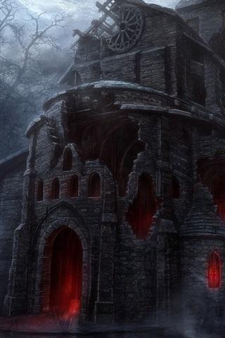 在晚上可怕的城堡树木艺术图片