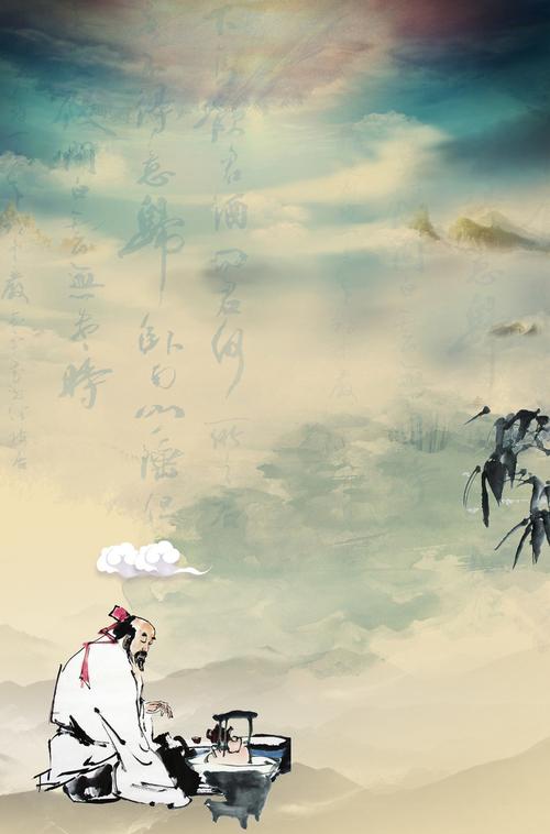 中国风古人在山水间吟诗作对背景素材