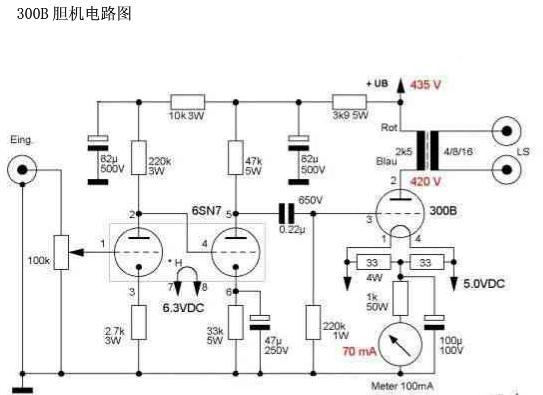 胆机既是电子管功放机,胆机的电路结构有多种形式,仅以常见的胆机300b