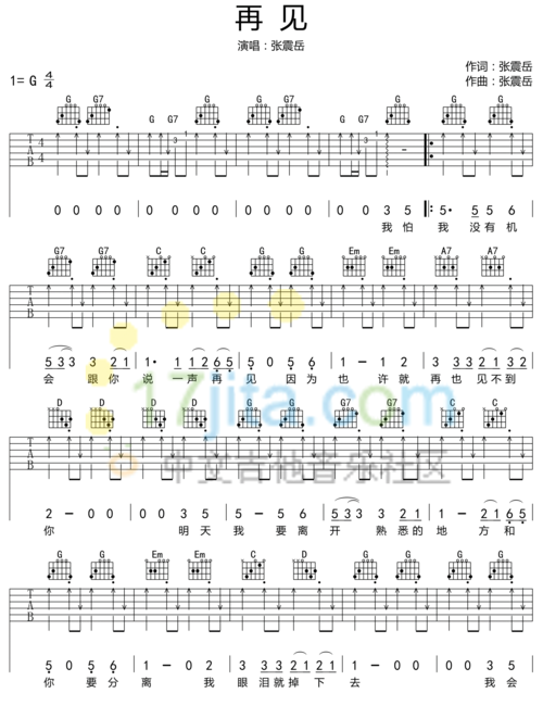 再见张震岳吉他谱_图文攻略_全通关攻略_高分攻略