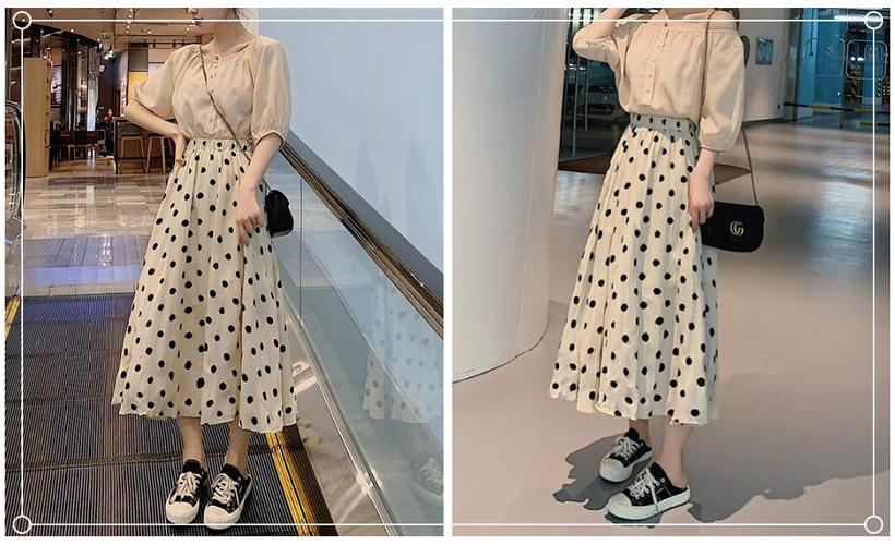 一字肩上衣 波点半身裙