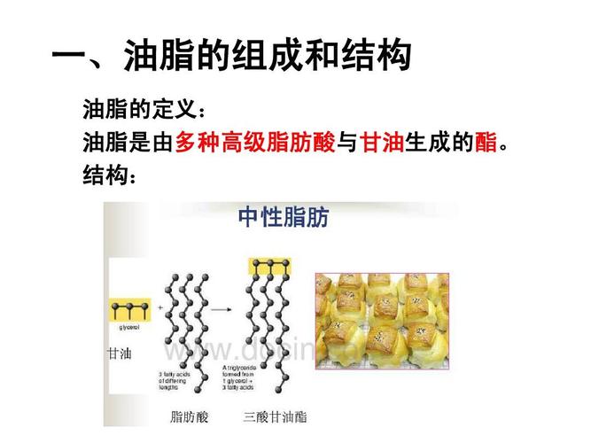 一,油脂的组成和结构 油脂的定义: 油脂是由多种高级脂肪酸与甘油生成