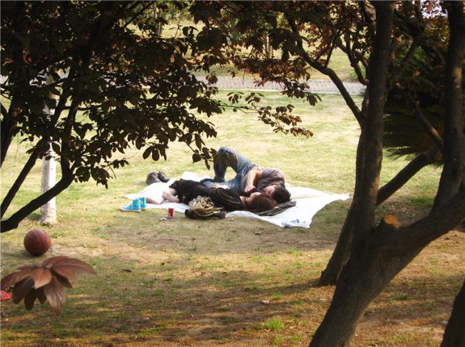 一对情侣在公园里暧昧.