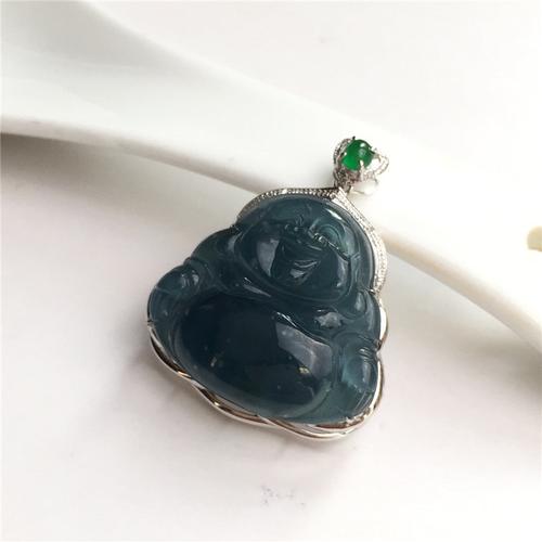 冰糯种蓝水佛公天然翡翠吊坠(18k金扣)