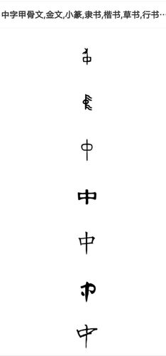中字甲骨文,金文,小篆,隶书,楷书,草书,行书的写法.