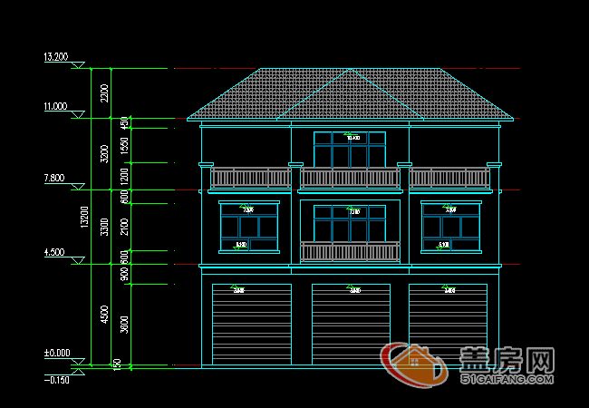 正立面图,建筑高度13米含坡屋顶的高度,商铺是3个卷帘门.