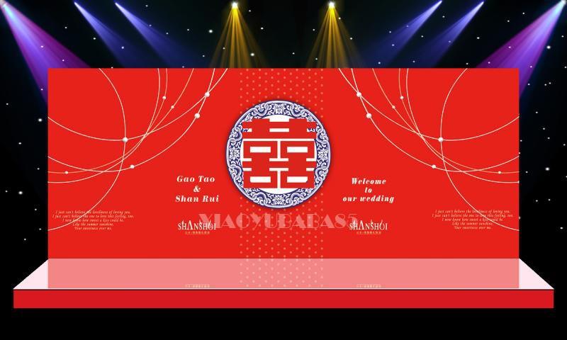 中式婚礼喷绘布置图红色婚庆背景舞台现场效果图设计psd素材42套