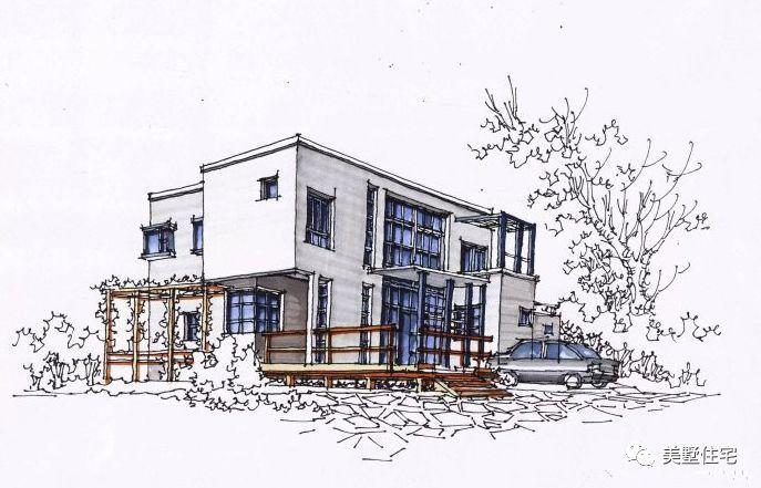 田园风光别墅手绘,这样的房子私密性一定极好,一层架空,沿着楼梯步入