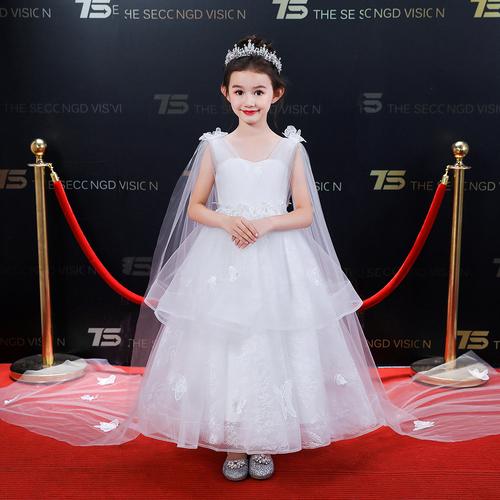公主裙女童 婚纱拖尾_儿童礼服公主裙女童蓬蓬白纱花童长款拖尾婚纱小