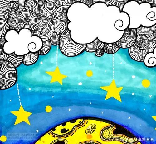 儿童画教程|感受线条与色彩的魅力《挂满繁星的夏夜》