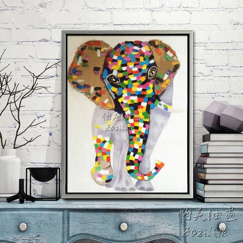 客厅玄关装饰画竖幅简约无框画纯手绘欧式油画抽象画大象别墅壁画