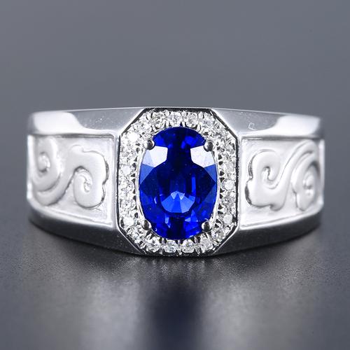 祥云款矢车菊蓝天然蓝宝石戒指男戒1.52克拉18k金镶嵌钻石 l7922