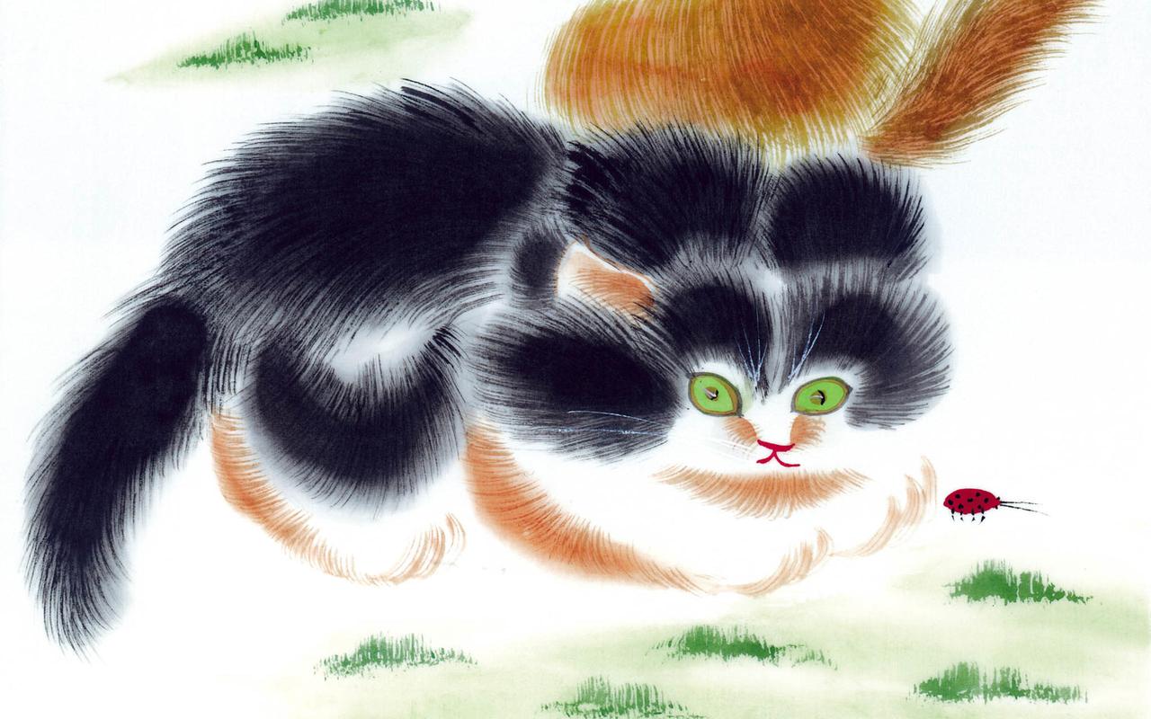 可爱猫咪国画桌面壁纸下载