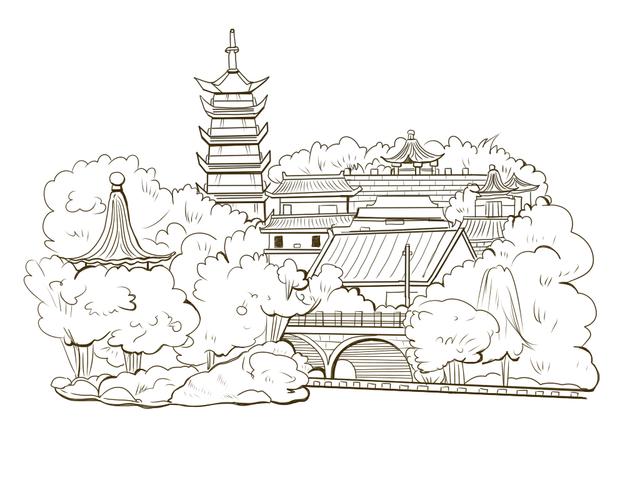 随手涂鸦的一张某处的景点 如果没记错的画应该就是镇江的一处景点