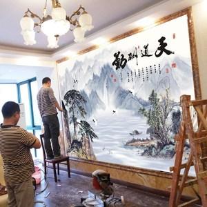 中式天道酬勤墙纸 span class=h>水墨 /span>山水客厅电视背景墙壁纸