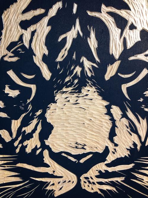 手工雕刻定制动物《老虎》黑白木刻版画