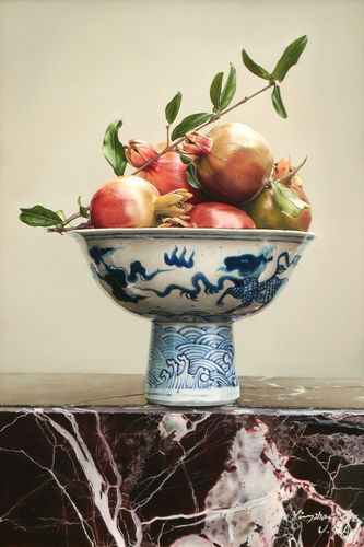 青花瓷石榴静物油画图片下载,青花瓷,水果油画,油画静物写生,油画艺术