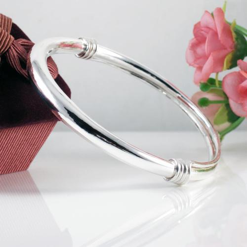 s999足银纯银推拉银手镯女时尚简约光面儿童宝宝银手镯银脚镯成人