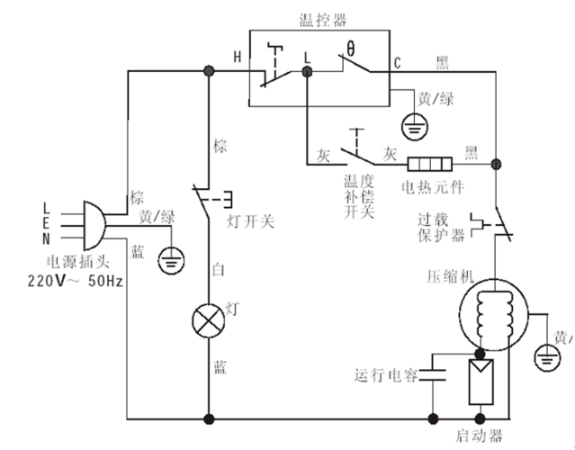 冰箱启动器和电容和保护器的线怎么接