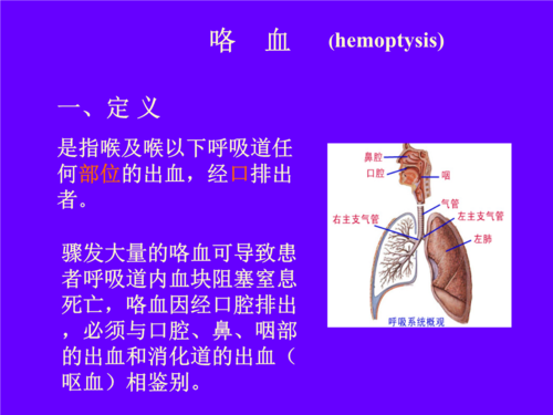 定义  喉  咯血(hemoptysis) 是指喉及喉一下呼吸 道任何部位的