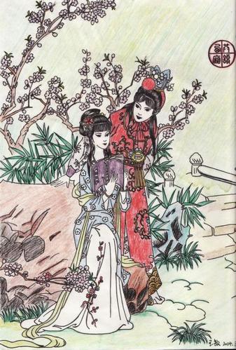 林黛玉贾宝玉放风筝简笔画