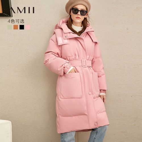0领取30元券 省80元 amii粉色羽绒服女中长款2020年冬新款立领腰带