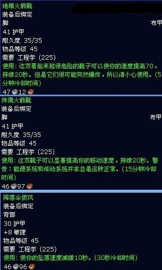 展开全部 有个降落伞披风 地精火箭靴 侏儒火箭靴 都是工程学225