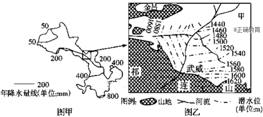图甲是我国某省年降水量分布图,图乙是该省某地区甲河水系示意图.