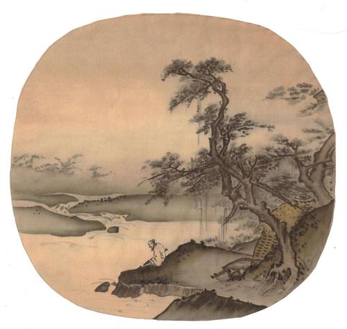 南宋夏圭《临流抚琴图》绢本,设淡色,纵25.5厘米,横26厘米