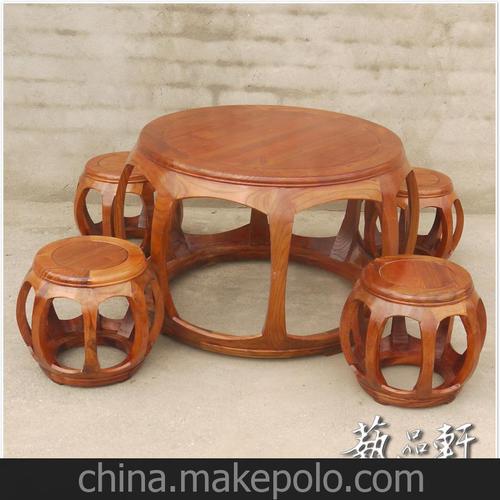 【艺品轩】明式鼓桌5件套 茶桌 明清仿古家具实木榆木古代家居图片