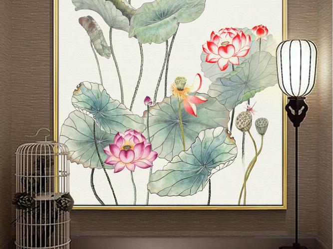 水墨新中式现代荷花手绘清新玄关背景墙