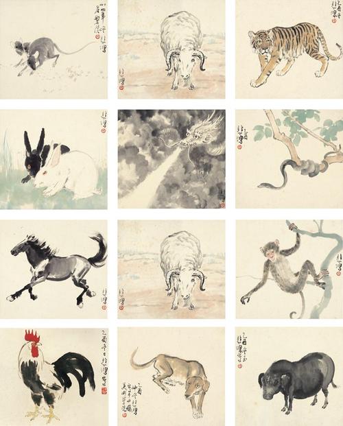 名画复制品徐悲鸿十二生肖图29x30厘米x12幅中国画花鸟画水墨画