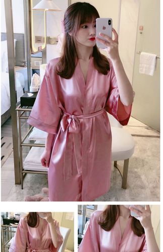 法国kj含真丝睡衣女夏季薄款白色性感含桑蚕丝睡袍浴袍式宽松家居服