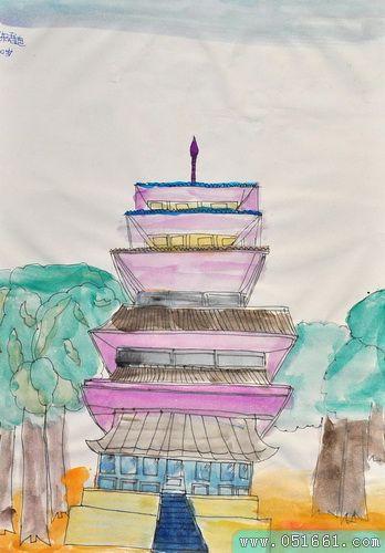 古寺庙水彩画_儿童画的作品图片观赏