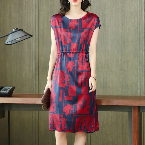 真丝连衣裙2021春上新抽绳条纹圆领真丝套头连衣裙桑