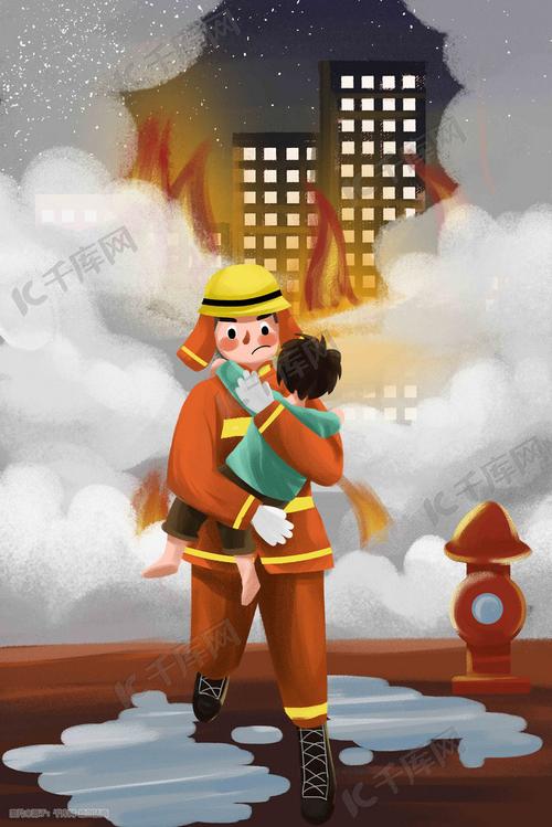 千库插画频道为消防员火灾救援消防安全灭火配图插图提供免费下载的
