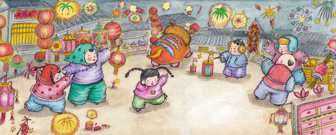 儿童元宵节水彩画作品闹元宵水彩画
