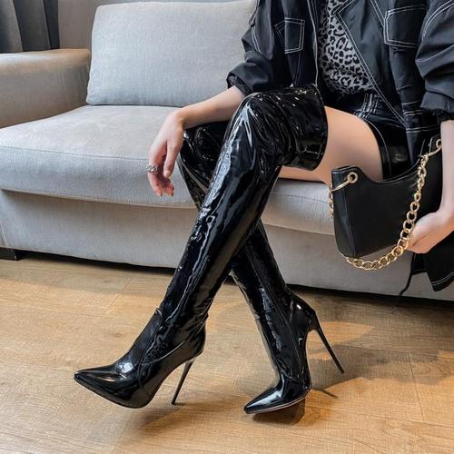 热销红色漆皮长靴_欧美风2021春秋季新款细跟高跟鞋红色漆皮过膝长靴