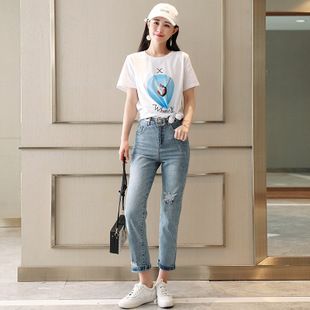 清纯甜美街头韩版百搭休闲时尚2018夏季印花短袖t恤牛仔裤套装女