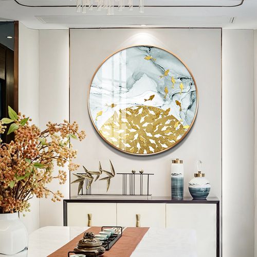 抽象鱼风景大圆形玄关背景墙装饰画晶瓷入户壁画创意画晶钻镜面画