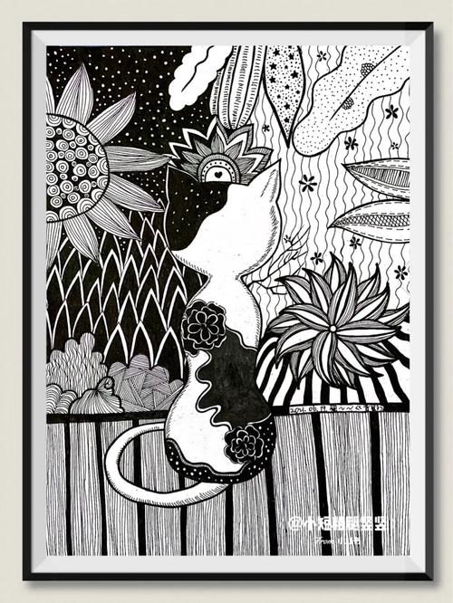 黑白线描装饰画 《背影》_装饰画_线描_猫咪_黑白线描装饰画_文化