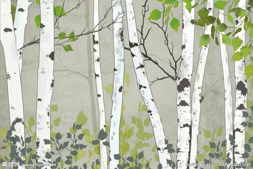 高清手绘白桦树林壁画壁纸背景墙图片
