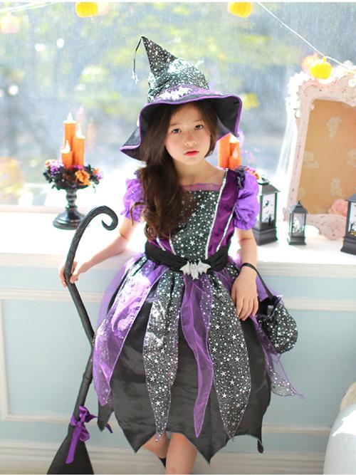 万圣节儿童表演服蝙蝠女巫女童巫婆装扮紫色女巫裙韩国表演服装