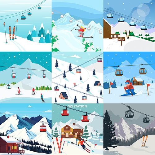 滑雪场缆车插画扁平化卡通冬季雪地运动海报ai设计素材